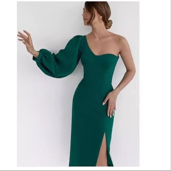 Green Long Sleeve Women Dress Sexy One Shoulder Midi with high split - Picture 2 of 7